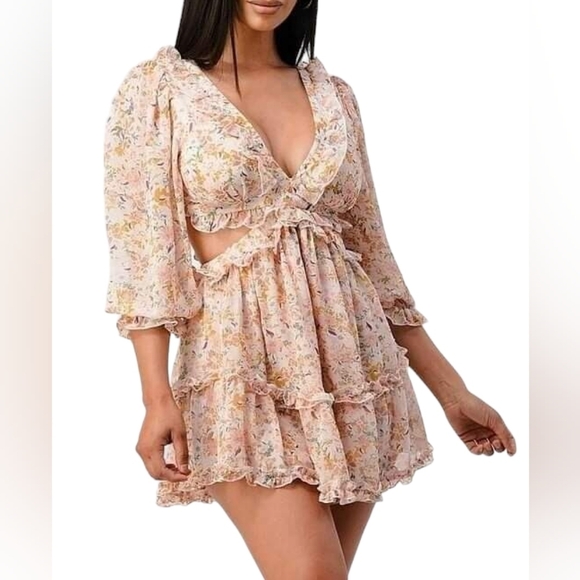 3/4 Sleeve Strappy Back Pink Floral Sexy Deep V-Neck Cut Out Mini Dress - Picture 3 of 13